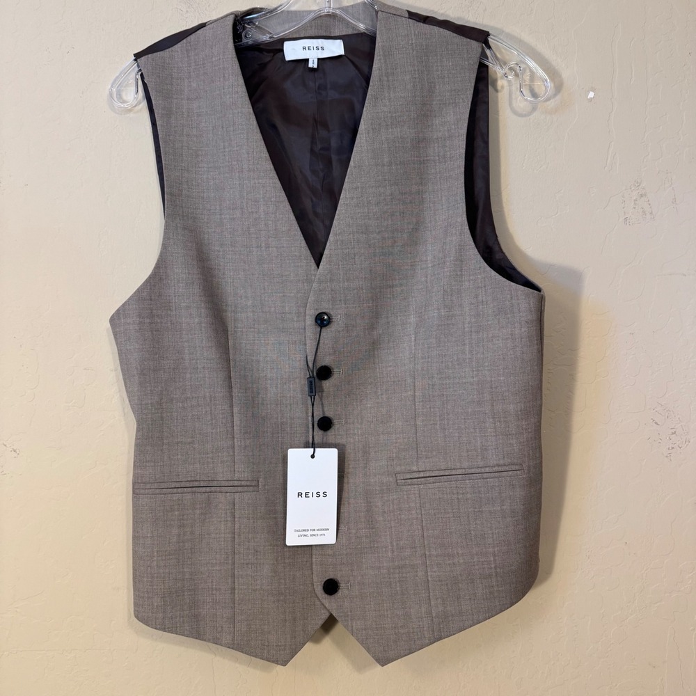 Reiss Waistcoat Men 38 Light Brown‎ Rope-Textured Wool Tailored Vest NEW
